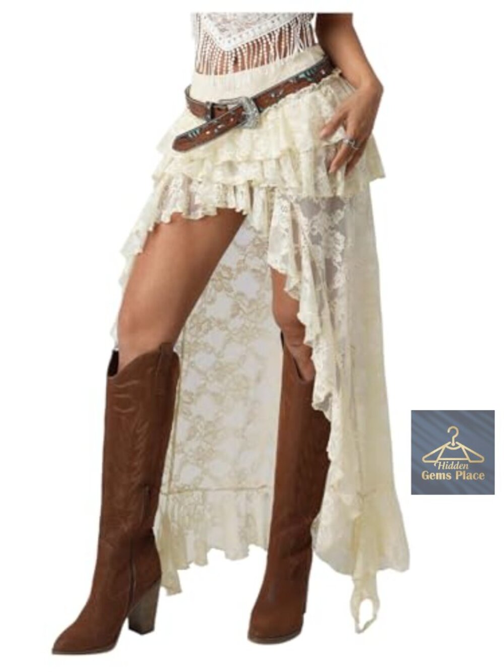 Boho Lace Asymmetrical Maxi Skirt Western Cowgirl Style A-Line